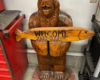 Chainsaw carved wood welcome bear. 