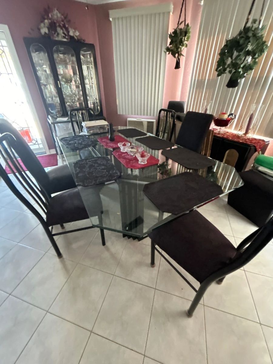 Glass Top Black Lacquer Dining Table and 6 chairs
