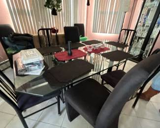 Glass Top Black Lacquer Dining Table and 6 chairs