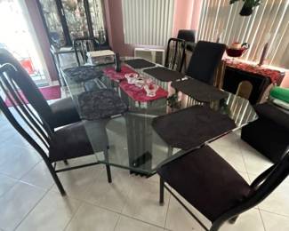 Glass Top Black Lacquer Dining Table and 6 chairs