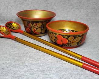 BS013 Vintage Russian Hand Painted Laquered Wood Bowls, Salad Utensils