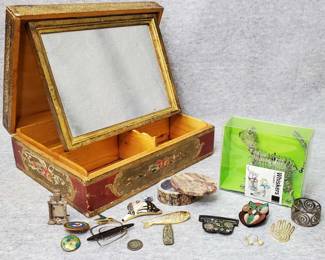 MB126 Antique Jewelry Box, Artisan Pins, Keepsakes, Collectibles