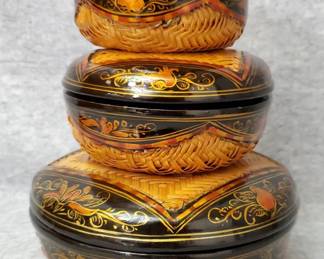 BS016 Asian Woven Lacquered Wood Nesting Bowls