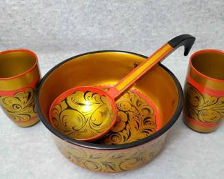 BS002 Vintage Russian Hand Painted Lacquered Wood Bowl, Ladle, Cups