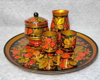 BS017 USSR Vintage Russian Hand Painted Laquered Wood Serving Ware