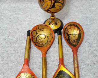 BS014 Vintage Russian Hand Painted Laquered Wood Goblet, Spoons