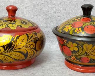 BS021 USSR Vintage Russian Hand Painted Laquered Wood Lidded Bowls