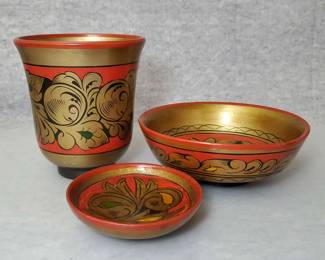BS004 Vintage USSR Hand Painted Russian Laquered Wood Bowls, Vase