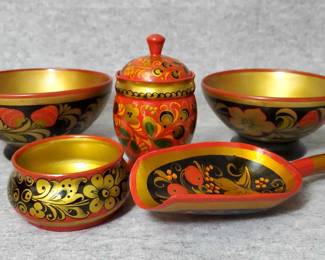 BS009 Vintage Russian Hand Painted Laquered Wood Bowls, Scoop, Jar