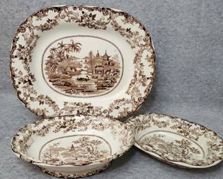 BS023 Brown Ironstone Transferware Chinoiserie Pattern Platter, Bowls