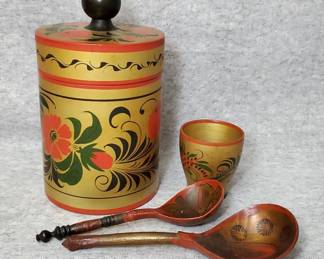 BS015 USSR Vintage Russian Hand Painted Laquered Wood Spoons, Canister, Cup