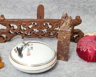 MB107 Asian AntiquitiesChop with Wax Bowl. Pin Cushion, Figure