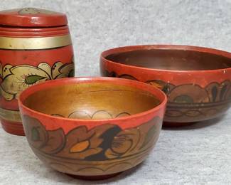 BS011 Vintage Russian Hand Painted Laquered Wood Bowls, Jar