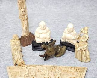 MB117 Asian Figurines, Carved Bone, Brass Dragon, Buddhas