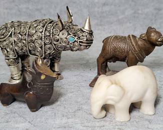 MB095 Metal and Stone Animal Figurines Rhino, Elephant, Bull, Cow