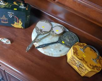 Mid century dresser pieces and Asian wood purses.