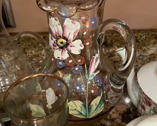 Hand painted pitcher with 3 juice glasses