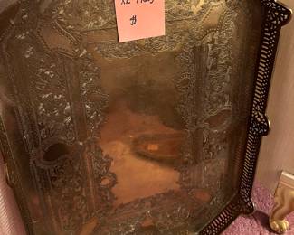 ANTIQUE BRASS ENGRAVED FOOTED TRAY 