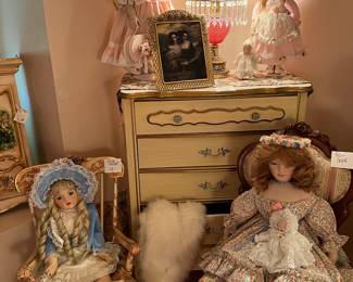 Dolls, Doll Rocker, Small Chair, French Provincial Chest, Decor