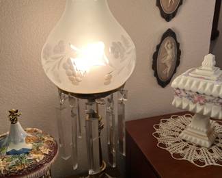 LOVELY ANTIQUE PARLOR LAMP.  PORCELAIN CAROUSEL WAS KEPT BY FAMILY.  