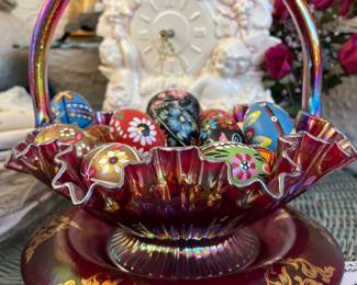 CARNIVAL GLASS BASKET, PAINTED WOODEN EGGS