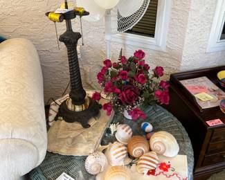 WICKER TABLE, LAMP BASE, SHELLS, ETC.