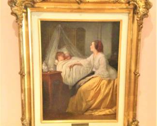 Artist David Hardy ( Eng. 1855 1885)  Oil " Mother Visiting Children in Bed"
