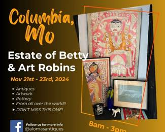 Check out this once in a lifetime sale! The estate of Betty & Art Robins in Columbia, MO featuring unique & rare antiquities from all over the world. 
