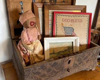 antique document box, needlepoint and folk art