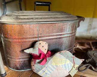 copper boiler tub with lid, patchwork quilt duck, cast iron waffle griddle
