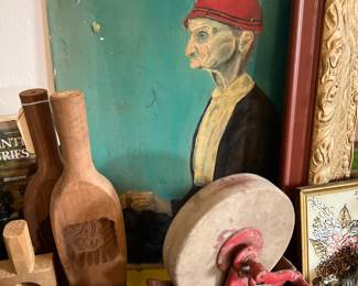 Original painting, antique hand crank grinder, wood stamp molds