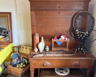 plantation desk (2pc), willow baskets, primitive folk art redware pottery lamp, misc stoneware bottles and banks, spool cabinet and more