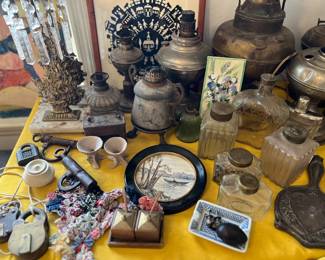 Oil lamp collection, glass/brass India tea jars, victorian french candlesticks, paper cuttings and antique locks