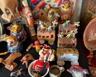 vintage embroidery crewel, clay train and other figurines