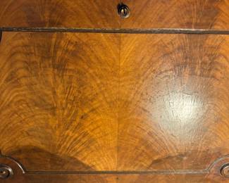 Front of the beautiful inlaid burled wood cedar chest with all of the original paper work!