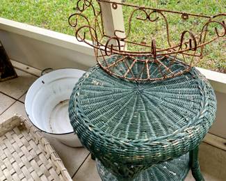 Rusty Metal Basket plus Green Wicker table