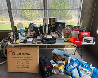 Off the grid and emergency items.
Solar panel, generator, tent, air mattress, flashlights, ice packs, water filers, camping stove and emergency radios. 