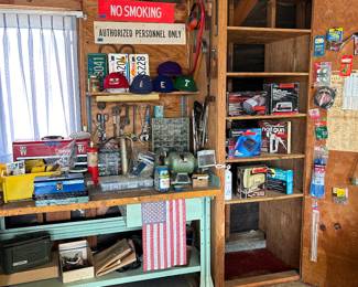 Vintage workbench & various tools.