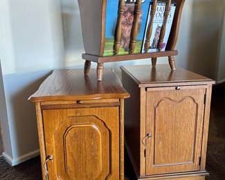 Various vintage side tables and book storage.