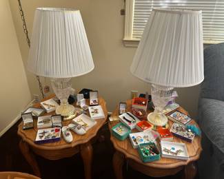 Jewelry, holiday pins and hair pins. Side tables and matching crystal lamps. 