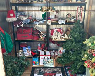 Christmas Shed! Welcome mats, garland, wreaths, stockings storage, ornaments and decor. 