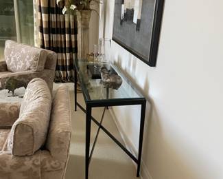 Metal, decorator quality sofa table with beveled glass top $400