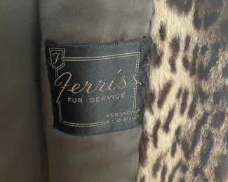 Leopard pelt swing coat with mink collar, 3/4 length sleeves, pockets. These fur coats from a well known local estate are back on the market! Ferris Furs, Pensacola, Fl original label.   Contact me for prices on the fur coats