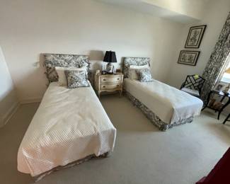Pair of twin beds, headboard and custom black toile bedding. $600 for pair.  Matching custom curtains available $300 set