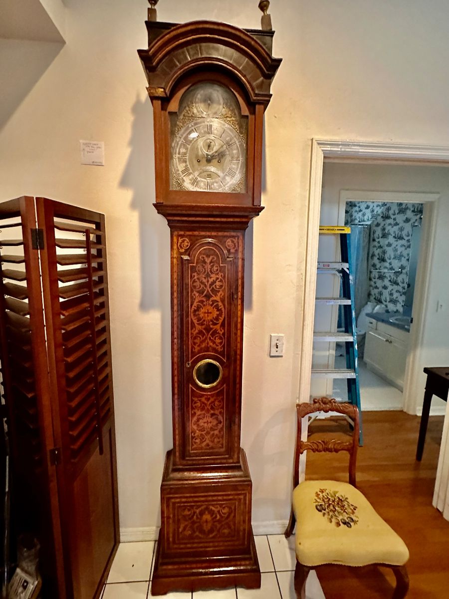 1740 Dutch Hall Clock
Maker: Steven Hoogendyke 
Fantastic inlaid Wood 
WORKS GREAT!
8ft. Tall 
Imagine Made Before the American Revolution