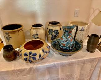 Vintage Crocks & Cloisonne  pitcher and bowls 