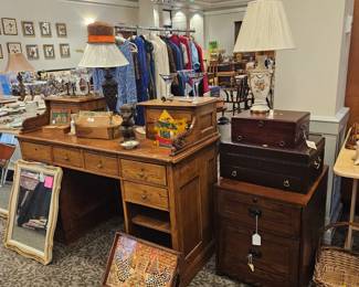 Silverware boxes, wooden file cabinet, Bankers Desk 