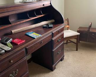 Roll top desk, sewing box and sewing chair with storage 