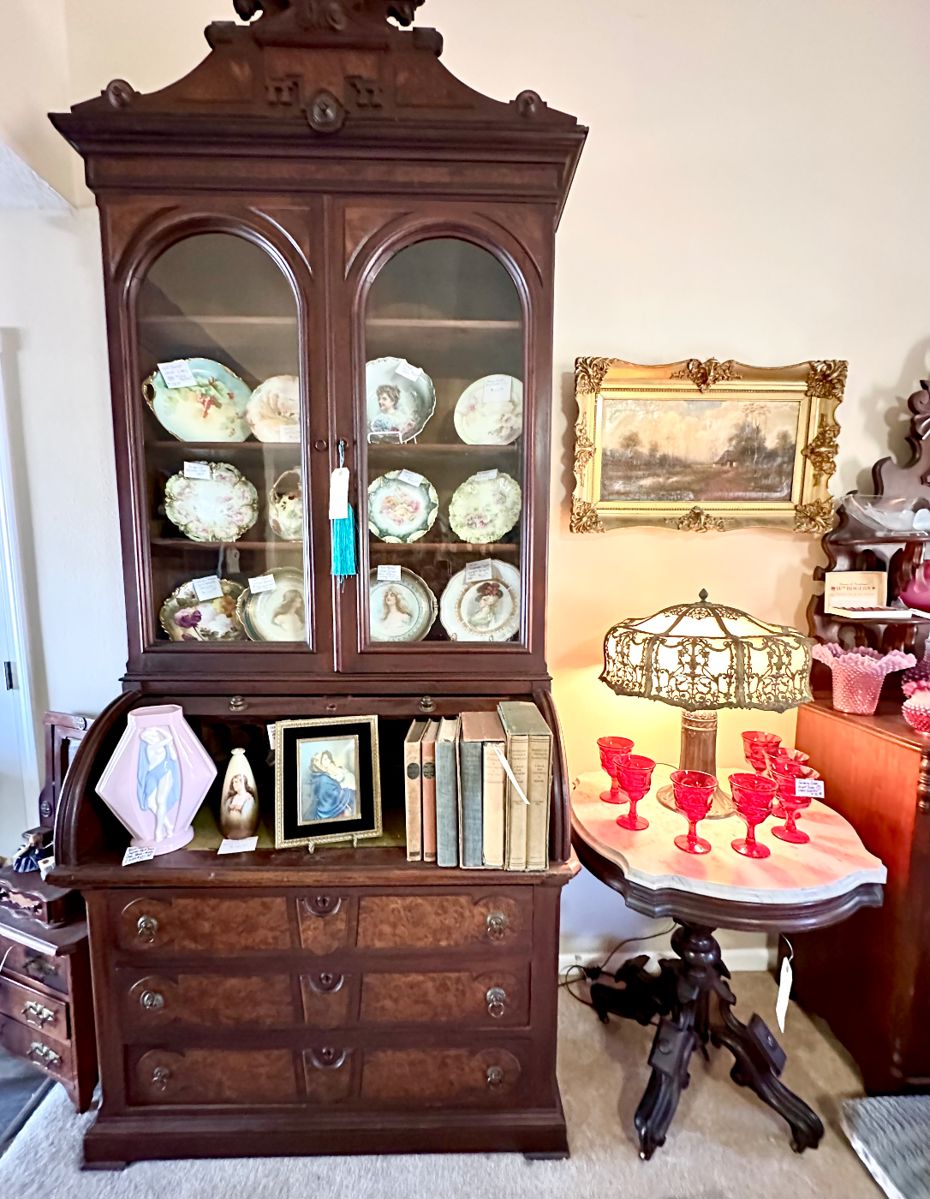 Stunning Victorian Secretary with Drawer - This piece is a favorite. Marble turtle top table, collection of porcelain portrait plates such as Josephine Napoleon 