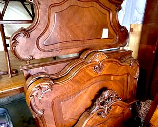 Exquisite set of Twin Beds, French, Louis XV, hand carved with two piece headboards, footboards and all rails (like new mattresses and box springs included)